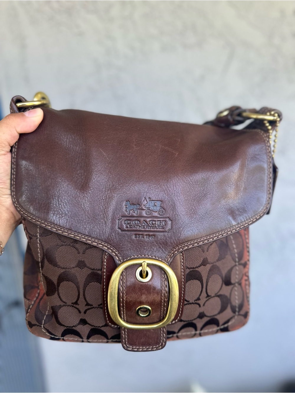 Coach Brown and Tan Signature Messenger Bag with Brass Buckle